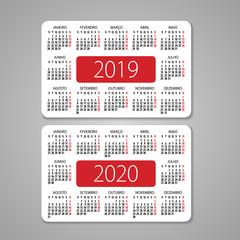 Abstract 2019 and 2020 Portuguese pocket vector calendar. Organizer template.