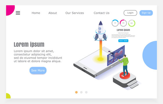 Young businessman startup a business, isometric vector illustration. successful project