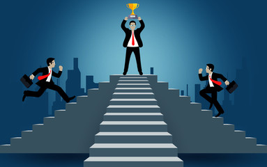 businessman run up on staircase go to goal. destination, victory  to success concept with idea. leadership concept. Ladder to success business. Cartoon vector illustration
