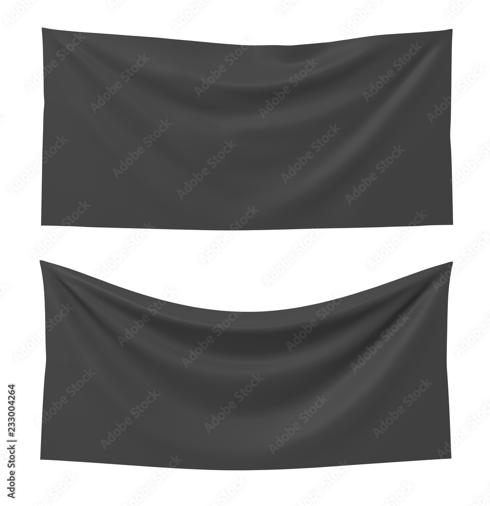 Poster 3d rendering of two black rectangle flags, one straight and another hanging down on a white backgrou