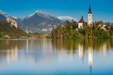 Church on island of lake Bled, long exposure, Slovenia