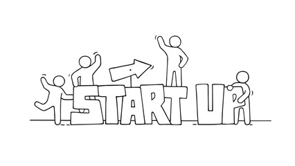 Cartoon people with word startup