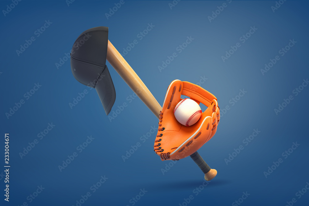 Aufkleber 3d rendering of baseball bat with a cap hanging from it and a mitt with a ball inside standing nearb