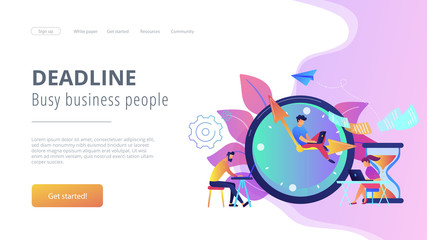 Busy business people with laptops hurry up to complete tasks at huge clock and hourglass. Deadline, project time limit, task due dates concept. Website vibrant violet landing web page template.
