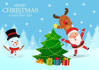 Santa and reindeer help decorate the Christmas tree.