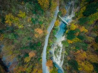 Aerial view of Divje JEzero or Wild Lake in Slovenia thick forest