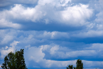 Obraz premium contrast rain storm clouds over green meadow and some trees in summer