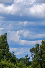 contrast rain storm clouds over green meadow and some trees in summer