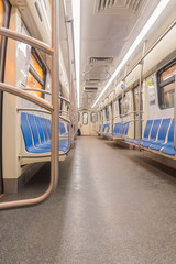 subway car without people, empty passengers, seats