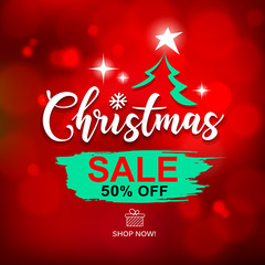 Merry Christmas sale brush stroke design with on Bokeh red background, vector illustration