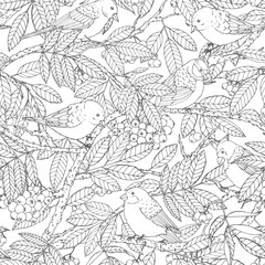 Fototapeta premium Hand drawn vector seamless pattern with birds, branches, leaves and rowanberry outline on white background. Winter decoration line art in sketch style for coloring books or wrapping paper.
