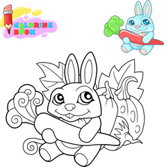 Coloring book, cartoon cute rabbit with a carrot in its paws, funny illustration