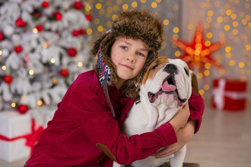 Christmas Holidays. handsome boy enjoy life time with his friend english bulldog close to new year tree with plenty presents around.Magic Christmas.