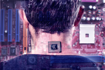 Bionic chip (processor) implant in male human body - future technology and cybernetics concept
