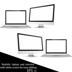 Mockup set of realistic monitor, laptop. Realistic monitor and white screen laptop for easy editing