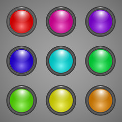set of colorful transparent buttons with glass frames isolated on grey background 