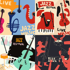 Set of music cards and banners. Music cards with instruments flat vector illustration design. Jazz music festival banners. Colorful jazz concert posters, party flyers, brochures