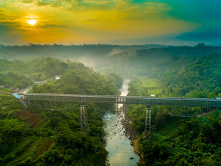 Plakat Scenic Aerial View of Cirahong Bridge, A Double Deck Structure of Metal Railway Bridge and Car Bridge Underneath Made by Dutch Colonial, Manonjaya Tasikmalaya, West Java Indonesia, Asia