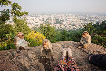 Couple legs sitting at Arunachala mountain view, Tiruvannamalai, Tamil Nadu, India