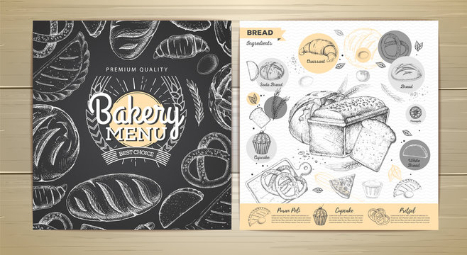 Vintage chalk drawing bakery menu design. Restaurant menu