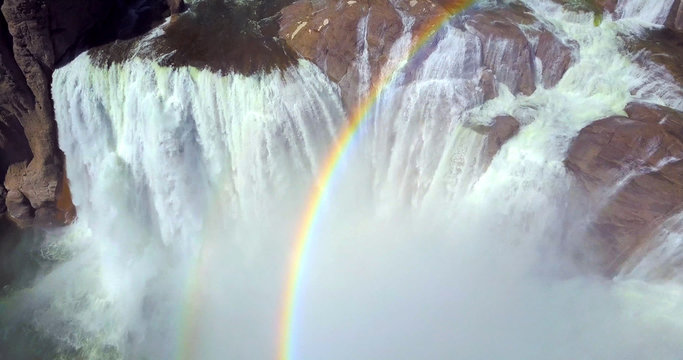 Shoshone Falls, Idaho, USA - Overhead Aerial View Looking Down Into Misty Waterfalls With Rainbow