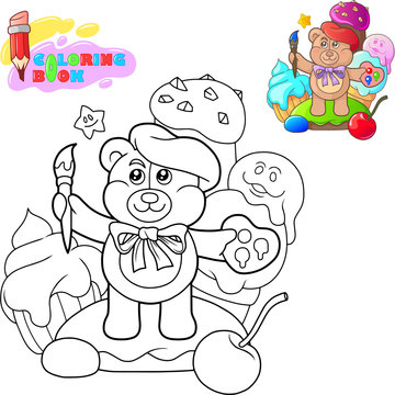 Coloring book, cartoon cute teddy bear with a tassel, funny illustration