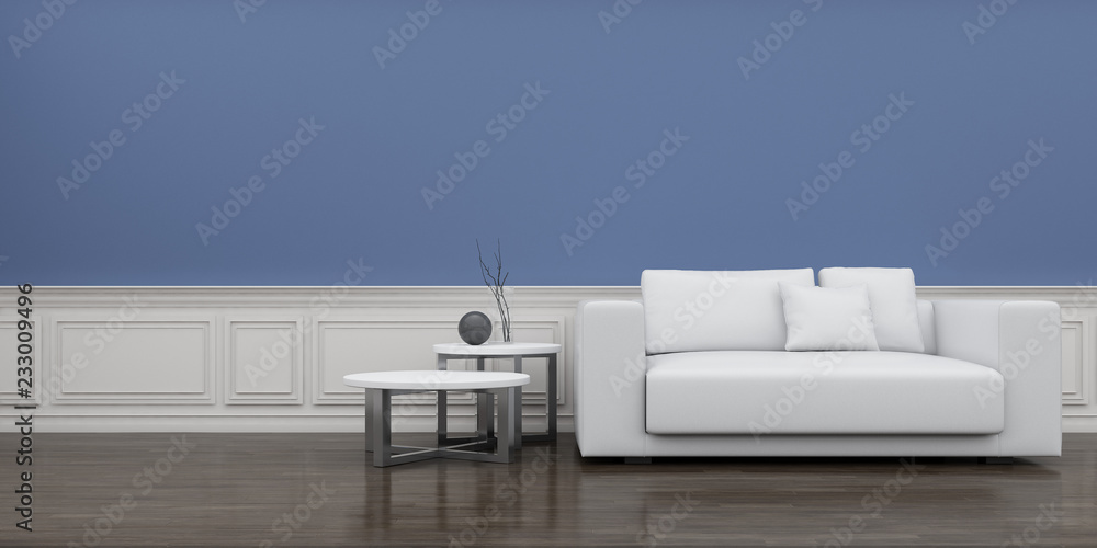 Poster View of empty room space with sofa and side table on laminate floor.Perspective of minimal design architecture. 3d rendering.