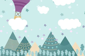 Poster Kinderkamer Kinderkamerbehang met grafische afbeelding winterbos, berg en luchtballon. Kan worden gebruikt voor afdrukken op de muur, kussens, decoratie kinderinterieur, babykleding, shirts en wenskaarten