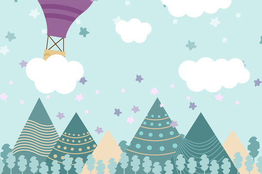 Kids room wallpaper with graphic illustration winter forest, mountain, and air balloon. Can use for print on the wall, pillows, decoration kids interior, baby wear, shirts, and greeting card © Artiroz