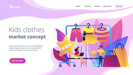 Showroom with kids clothes on hangers, designer and customers with shopping bags. Kids fashion, baby style showroom, kids clothes market concept. Website vibrant violet landing web page template.