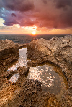 Sunset over beautiful shaped rocks with shells inside, mediterranean sea, Israel