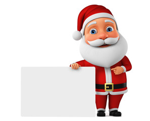 The cartoon character Santa Claus points a finger at an empty board. 3d rendering. Illustration for advertising.