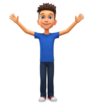 Cartoon character cheerful guy in a blue T-shirt with his hands raised in greeting on a white background. 3d rendering illustration.