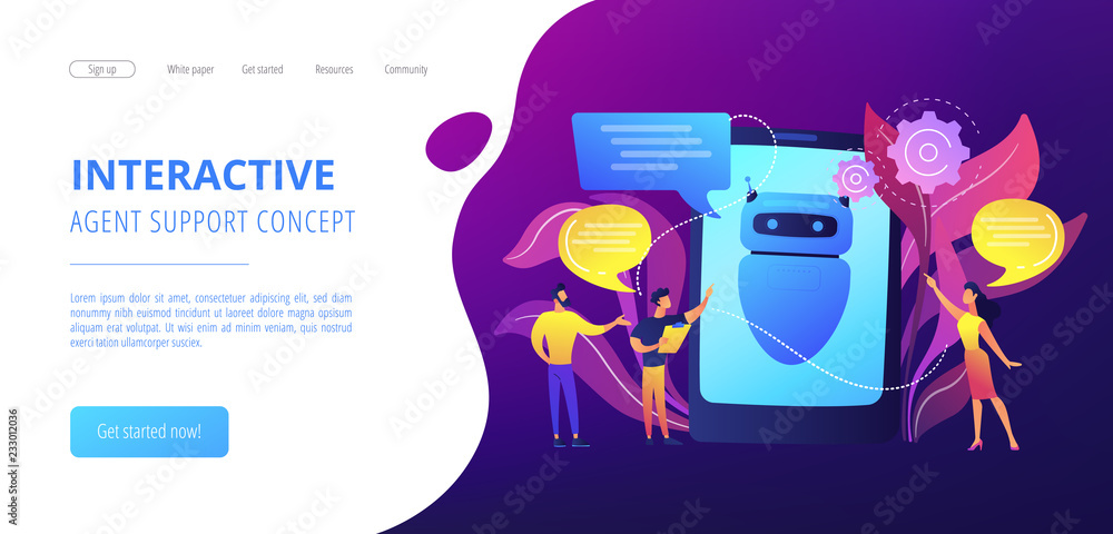 Poster business people communicate with chatbot application. chatbot artificial intelligence, talkbots serv