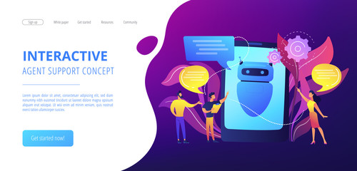 Business people communicate with chatbot application. Chatbot artificial intelligence, talkbots service, interactive agent support concept. Website vibrant violet landing web page template.