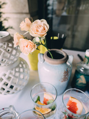 Wedding ceremony furshet tables with food drink