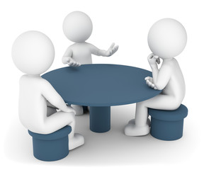 3D Illustration weiße Männchen Gespräch am runden Tisch