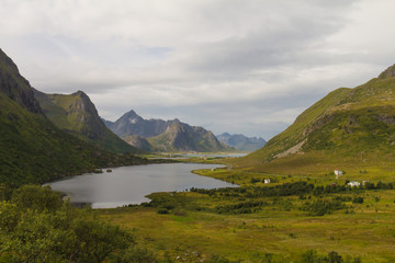 Typical norwegian town with colorful houses, Lofoten islands, Norway