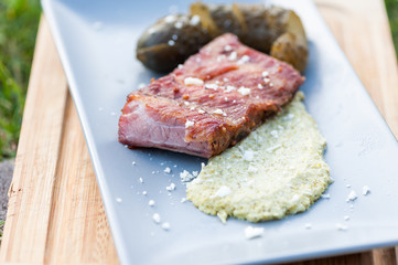 Pork chops with broccoli puree