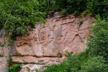 rocky stream of river deep in forest in summer green weather with sandstone cliffs