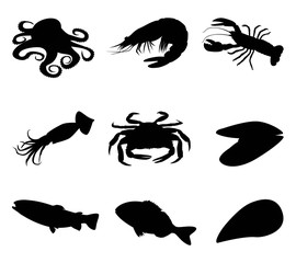 Set seafood eight black icon on white background. Vector Illustration