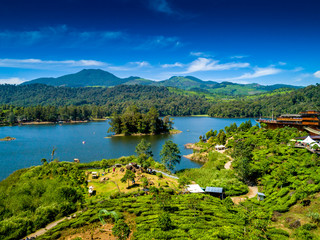 Panoramic Aerial View of Blue Lake Patenggang with an Islet in the Middle of the Lake, Ciwidey, Bandung, West Java, Indonesia, Asia