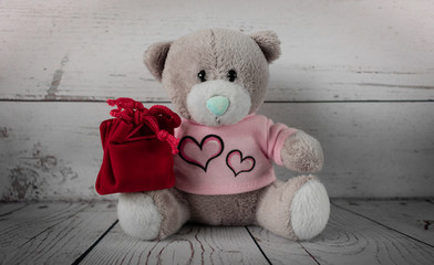 Cute little teddy bear holding a red gift bag