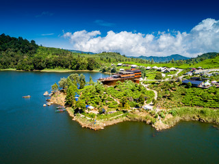 Aerial View of a Pinisi Boat Shaped Restaurant Building in the Edge of a Cape of Lake Patenggang, Ciwidey, Bandung, West Java, Indonesia, Asia