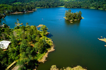 Panoramic Aerial View of Blue Lake Patenggang with an Islet in the Middle of the Lake, Ciwidey, Bandung, West Java, Indonesia, Asia