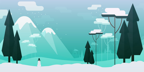 Vector flat style illustration. Winter landscape with trees mountains and snowman