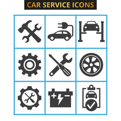 Car service and repair icons set on white background.