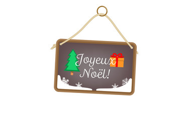 Vector image of a Joyeux Noël message on a hanging sign, with festive images and snow