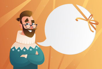 Handsome flat design set template with vector hipster man with a beard in winter clothes in cartoon style. Christmas banner elements.