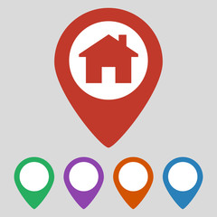 Location icon flat with house on grey background.